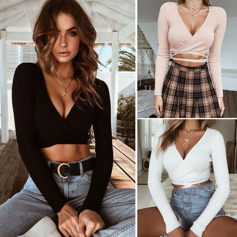 Slim Crop Tops Long Sleeve T Shirt Casual Solid V Neck Knitted Short Tops