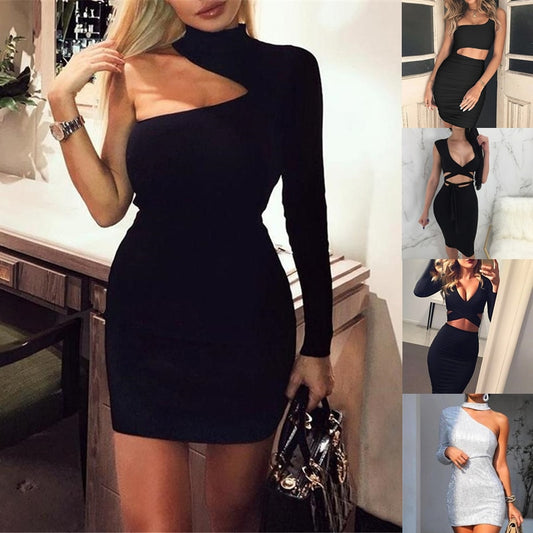 Sexy one-shoulder halter neck bag hip dress