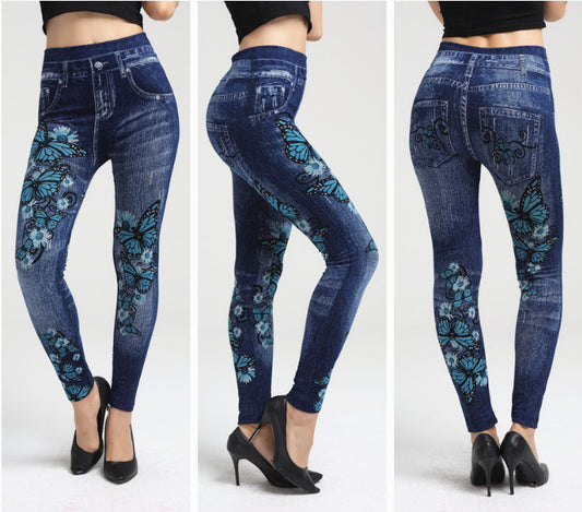 Women's Butterfly Print Imitation Denim Leggings