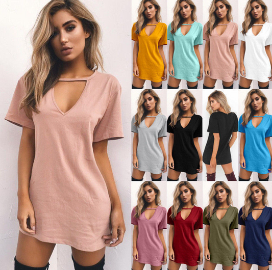 V-neck short-sleeved loose T-shirt dress