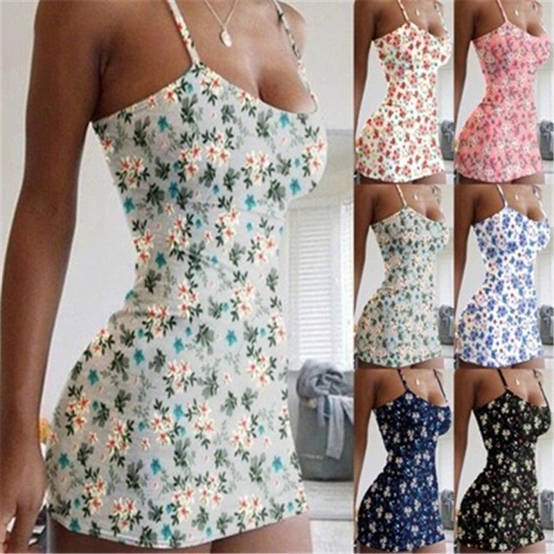 Sexy Buttocks Slim Print Dress With Suspenders