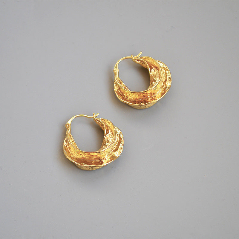 French Celi Style Retro Handmade Bump Texture Brass Plating Real Gold Swirl Earrings