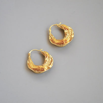 French Celi Style Retro Handmade Bump Texture Brass Plating Real Gold Swirl Earrings