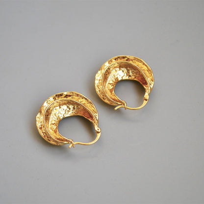 French Celi Style Retro Handmade Bump Texture Brass Plating Real Gold Swirl Earrings