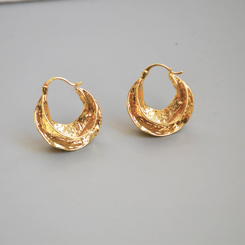 French Celi Style Retro Handmade Bump Texture Brass Plating Real Gold Swirl Earrings