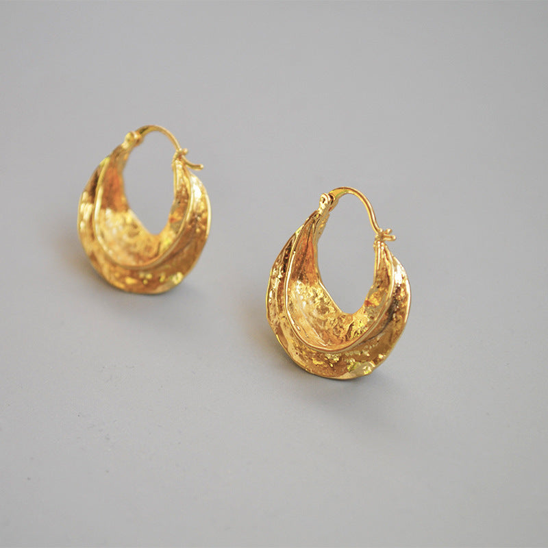 French Celi Style Retro Handmade Bump Texture Brass Plating Real Gold Swirl Earrings