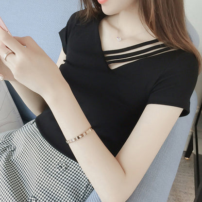 Short-Sleeved T-shirt Women Summer Korean Version Of The New Women's Ins Student V-Neck Top Women's Clothing