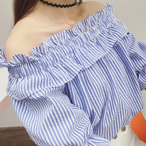 Collar Striped Shirt Han Fan Off-shoulder Baby Shirt Loose Cotton And Linen Top