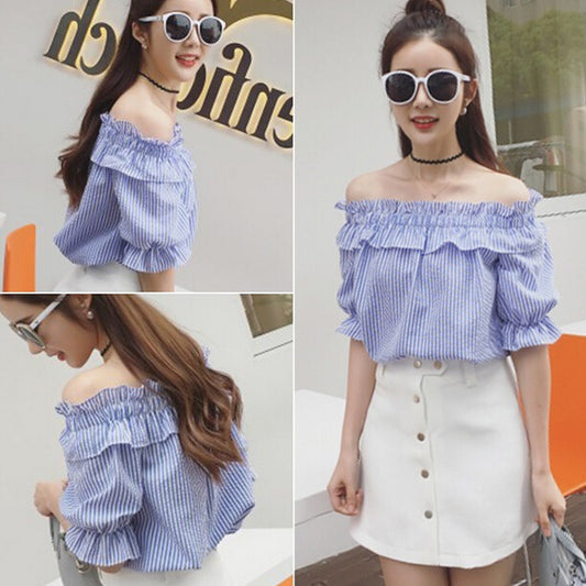 Collar Striped Shirt Han Fan Off-shoulder Baby Shirt Loose Cotton And Linen Top