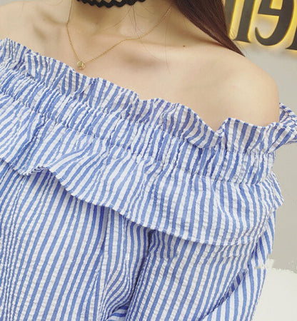 Collar Striped Shirt Han Fan Off-shoulder Baby Shirt Loose Cotton And Linen Top