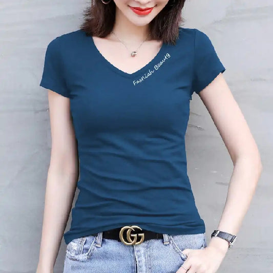 Spring Women Short Sleeves Sexy Top Slim Summer Embroidery V-Neck