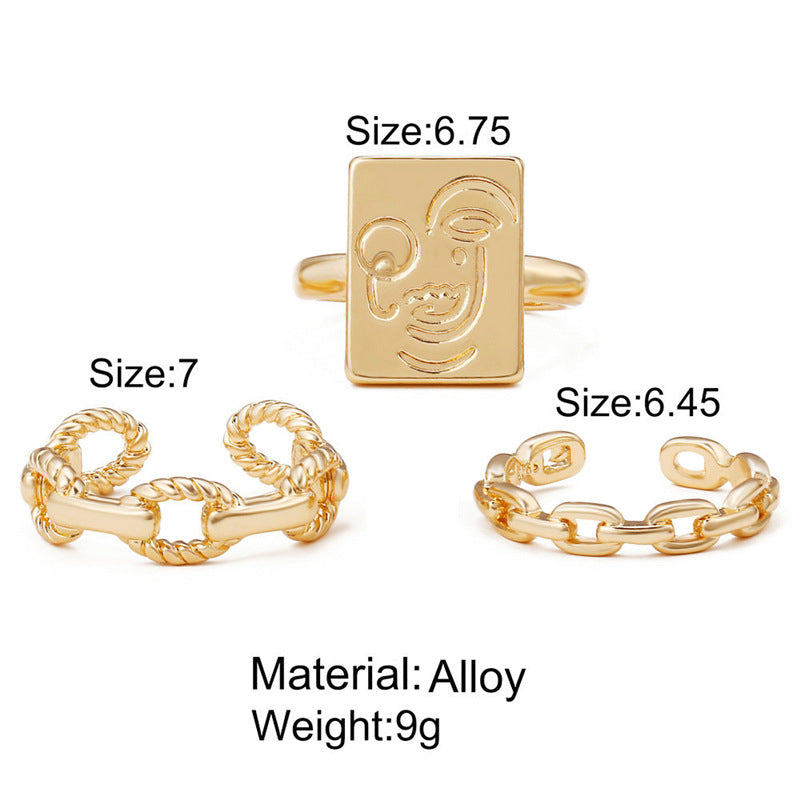 3pcsset Gold Color Square Smile Face Thick Chain Ring