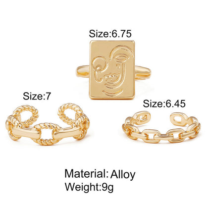 3pcsset Gold Color Square Smile Face Thick Chain Ring