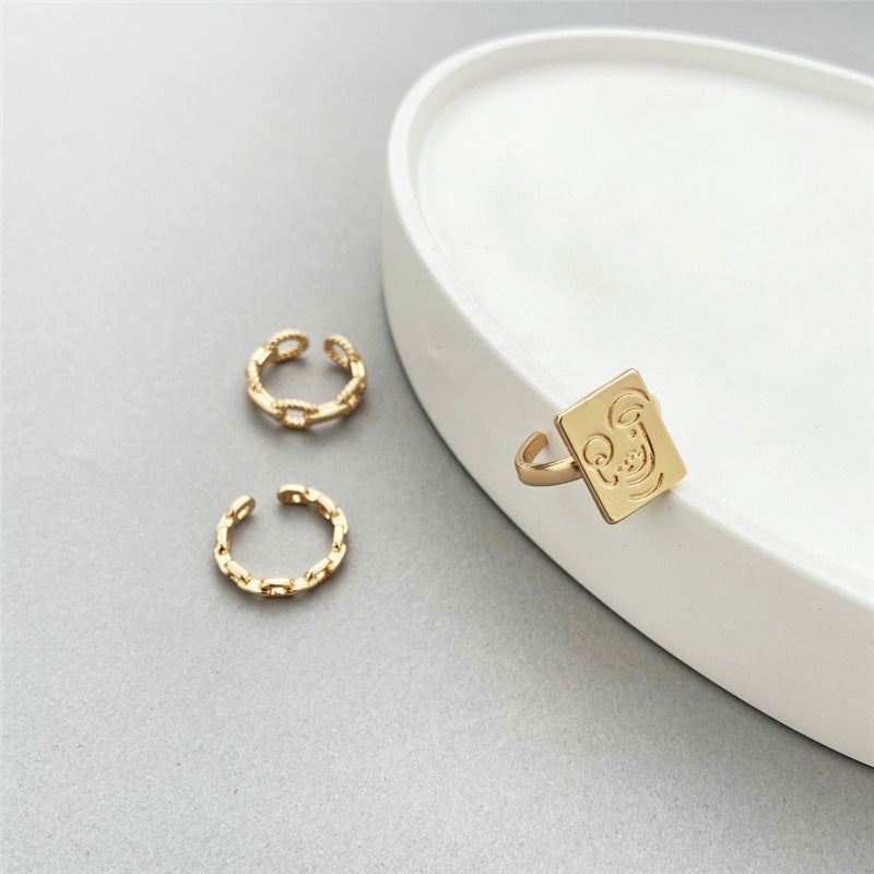 3pcsset Gold Color Square Smile Face Thick Chain Ring