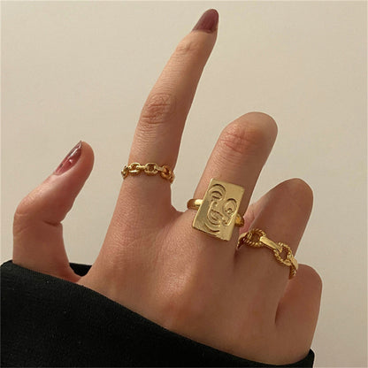 3pcsset Gold Color Square Smile Face Thick Chain Ring