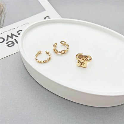 3pcsset Gold Color Square Smile Face Thick Chain Ring