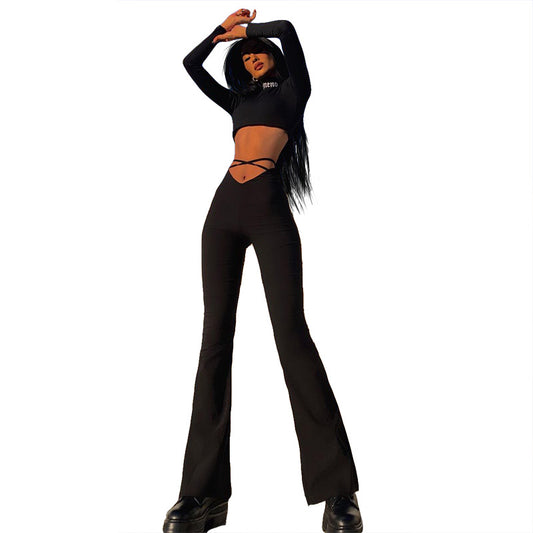 V-shaped Waist Cropped Umbilical Cross Strap Flared Slacks