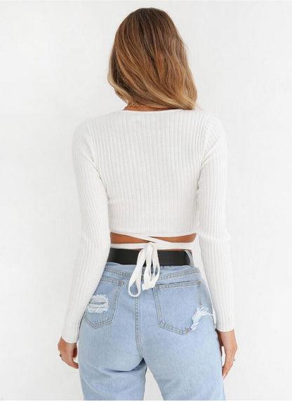 Slim Crop Tops Long Sleeve T Shirt Casual Solid V Neck Knitted Short Tops