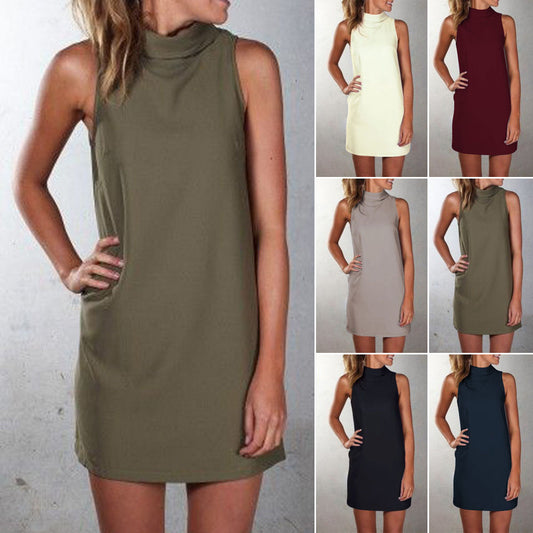 Casual high neck sleeveless dress solid color dress