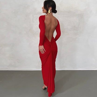 Solid Color Sexy Backless Pleated Long Elegant Slim Dress