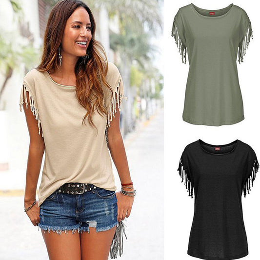 big size round neck short sleeve cuffs tassel T-shirt cotton tops