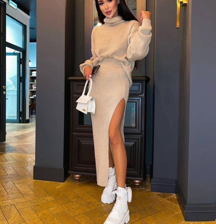 High Neck Loose Pullover Blouse Split Long Skirt Two-piece Suit