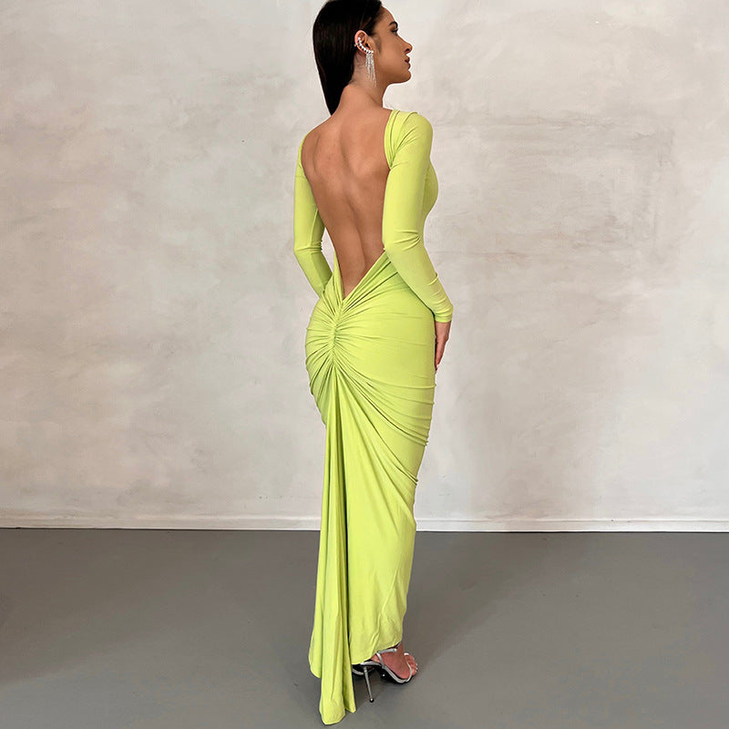 Solid Color Sexy Backless Pleated Long Elegant Slim Dress