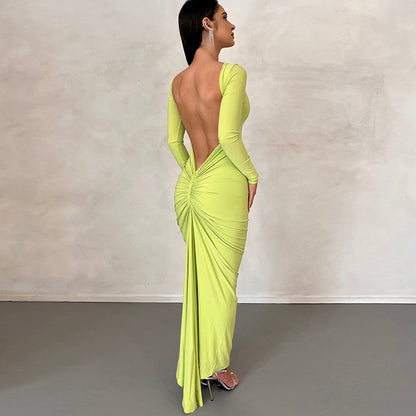 Solid Color Sexy Backless Pleated Long Elegant Slim Dress