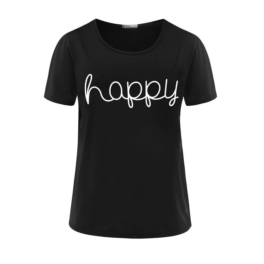 HAPPY European And American Fashion Lettering Ladies Short-sleeved T-shirt