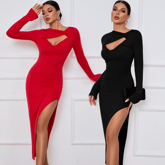 Skirt Sexy Slit Long Sleeve Dress