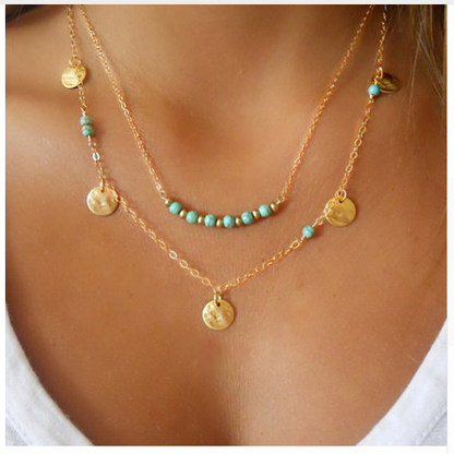 Europe and the United States foreign trade multi-layer round turquoise pendant necklace fashion trend temperament wild clavicle chain jewelry C054