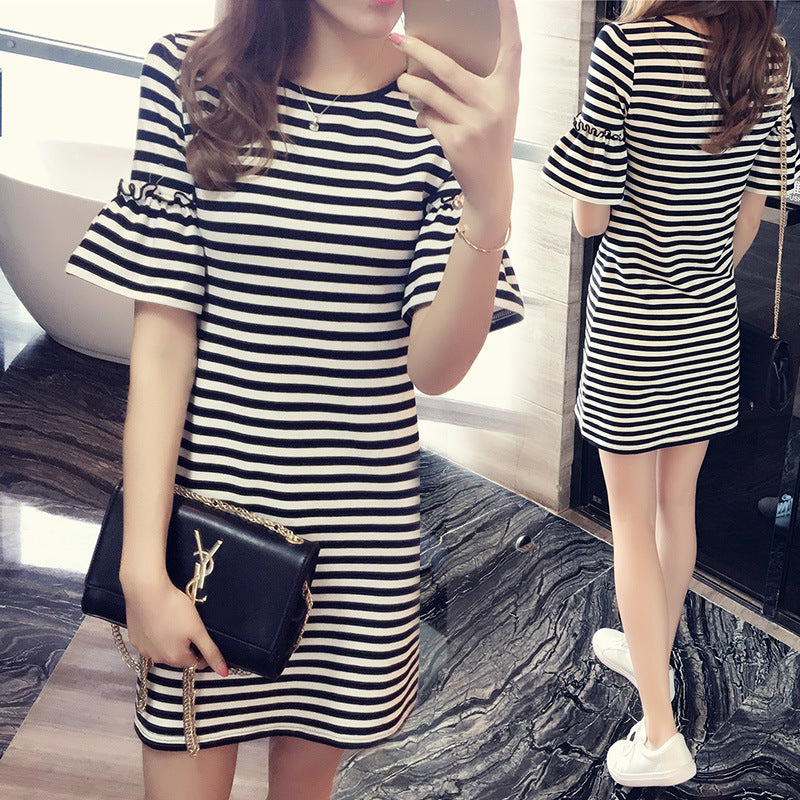 Trumpet Sleeve Stripe Shirt Dress