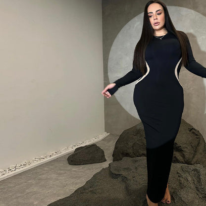 Colorblock Slim Fit Round Neck Long Sleeves Finger Stall Dress