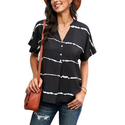 Women's Casual Loose Striped Shirt V Neck Short Sleeve T Shirt