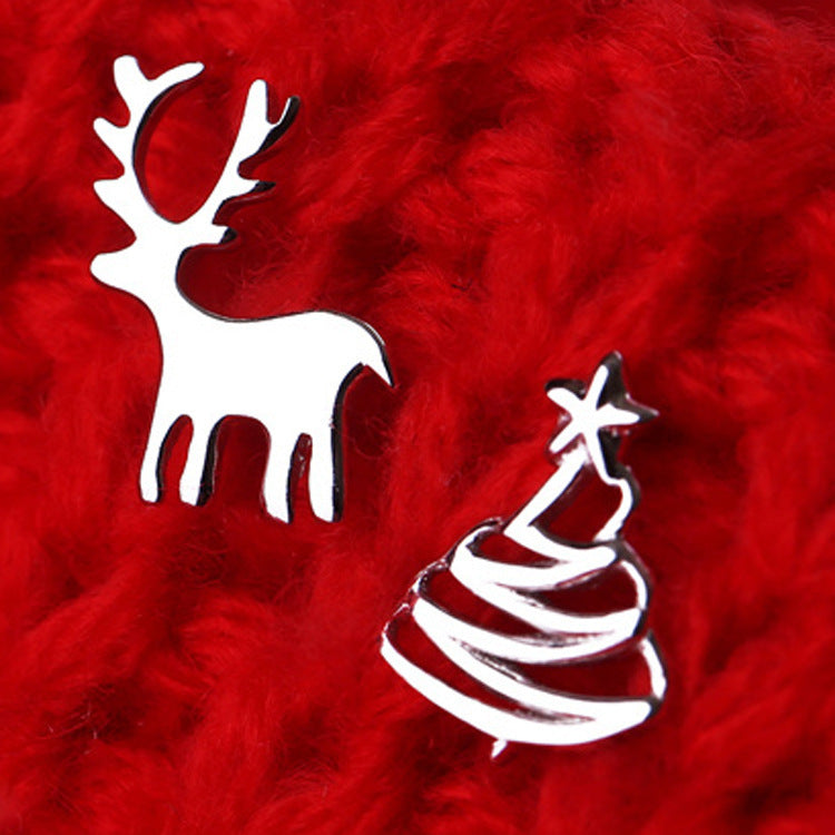 S925 Sterling Silver Earrings Christmas Deer Christmas Tree Asymmetric Earrings