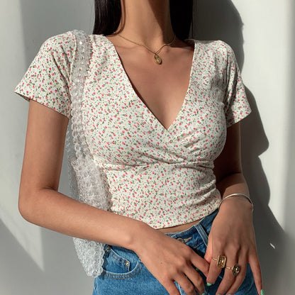 Retro Style Floral Cross V-neck Slim Short Cropped Short-sleeved T-shirt Blouse