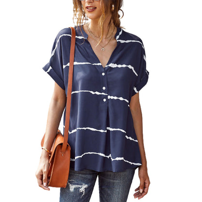 Women's Casual Loose Striped Shirt V Neck Short Sleeve T Shirt