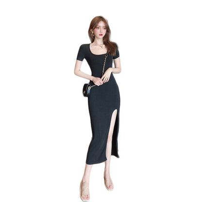 French Women's Long Dress Square Shoulder Waist Side Slit Square