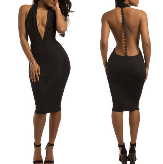 Sexy leaky back hanging neck deep V bag hip tight dress long skirt