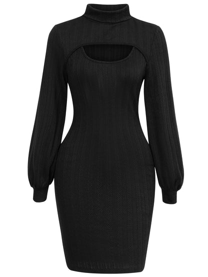 Women's Casual Hollow-out Solid Color Slim Fit Long Sleeves Sheath Dress