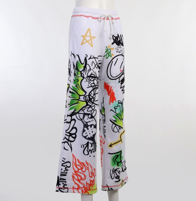 Spray Paint Printed Wide Leg Pants Gothic Streetwear High Waist Casual