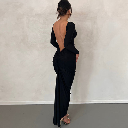 Solid Color Sexy Backless Pleated Long Elegant Slim Dress