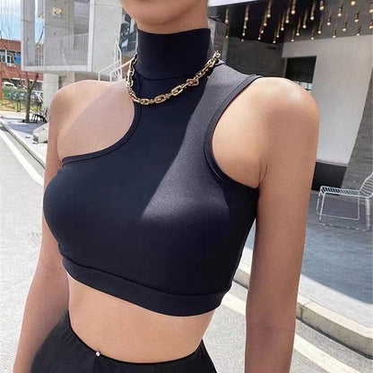 Half Turtleneck Short Cropped Navel Irregular Top With Chest Pad