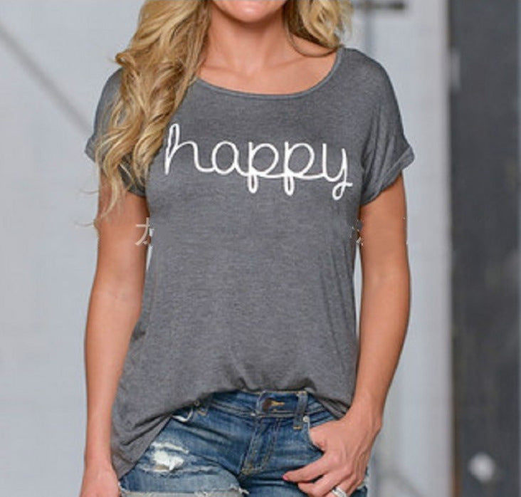 HAPPY European And American Fashion Lettering Ladies Short-sleeved T-shirt