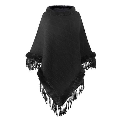 Pure Color Knitted Cape Shawl With Fur Collar