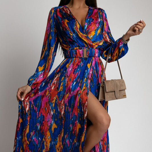 Fashion Printed V-neck Long Sleeve With Belt Dress