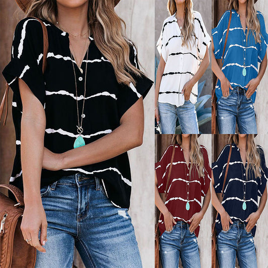 Women's Casual Loose Striped Shirt V Neck Short Sleeve T Shirt